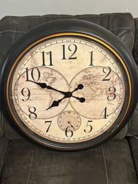 Antique World Map Wall Clock in Black and Cream - Decorative Home Clock
